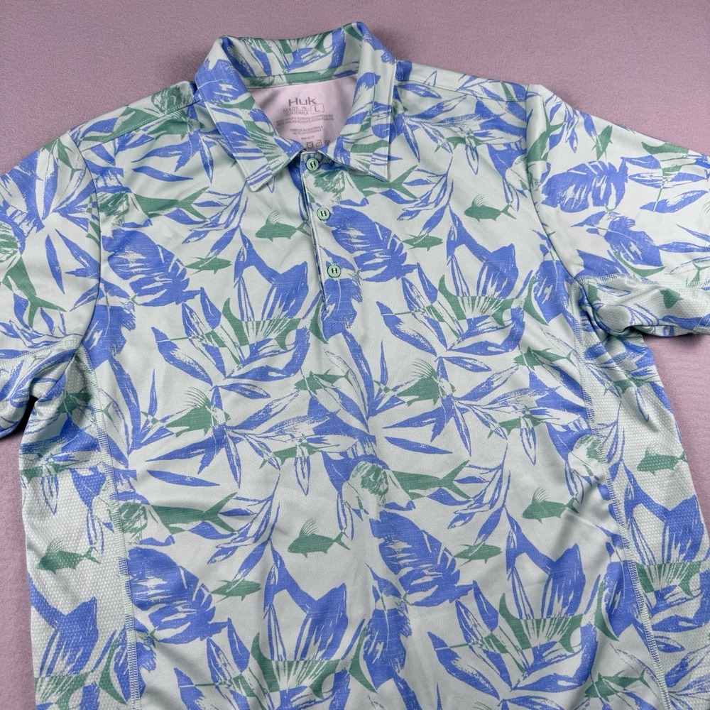 Huk Performance Polo Men L Aqua Floral Fishing Golf Wicking Short Sleeve